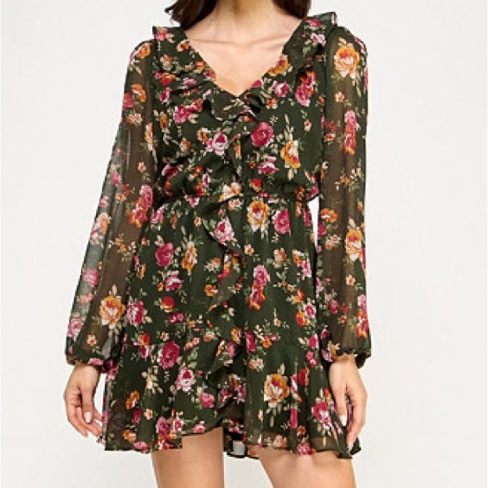 Trixxi green & pink floral dress, fit-and-flare, sheer sleeve, v neck, size XS/S - Picture 2 of 8